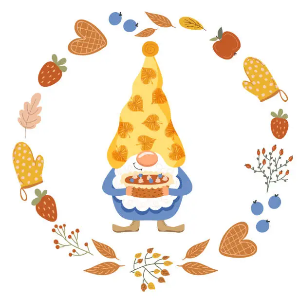 Vector illustration of Funny gnome with a pie. Autumn. Vector illustration