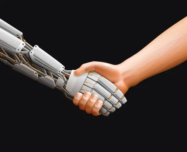 Vector illustration of AI-Human Handshake, Robot Hand and Human Hand