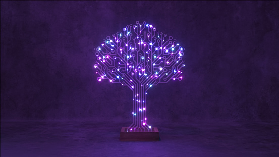 A captivating 3D circuit tree bathed in neon glow stands against a moody blue background, symbolizing a fusion of organic form and technology.