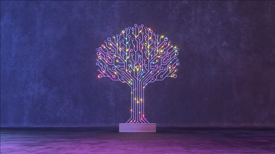 A captivating 3D circuit tree bathed in neon glow stands against a moody blue background, symbolizing a fusion of organic form and technology.