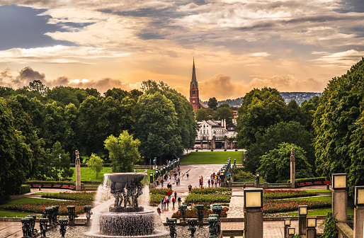View from the hill of Vigeland Sculpture Park at city of Oslo, Norway, at sunset