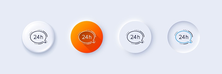 24 hour service line icon. Neumorphic, Orange gradient, 3d pin buttons. Call support sign. Feedback chat symbol. Line icons. Neumorphic buttons with outline signs. Vector