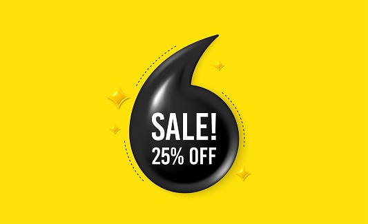 Offer 3d quotation banner. Sale 25 percent off discount. Promotion price offer sign. Retail badge symbol. Sale quote message. Quotation comma yellow banner. Vector