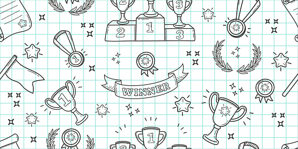 Backdrop with winner award attributes in linear style. Seamless sports doodles on checkered school background. Backdrop with winner award attributes in linear style
