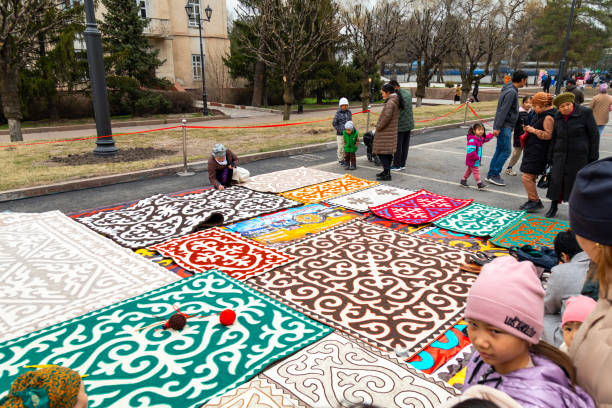 Bishkek, Kyrgyzstan - March 21, 2024: Kyrgyz handmade floor covering called Shyrdak
