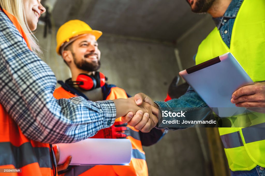 Contractor In Construction Contractor Construction Worker Team Hands Shaking After Plan Project ...