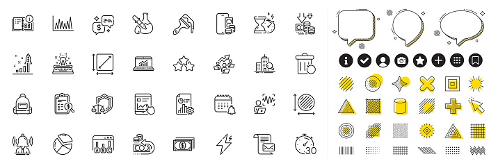 Set of Hourglass timer, Backpack and Report line icons for web app. Design elements, Social media icons. Chemistry experiment, Deflation, Timer icons. Vector