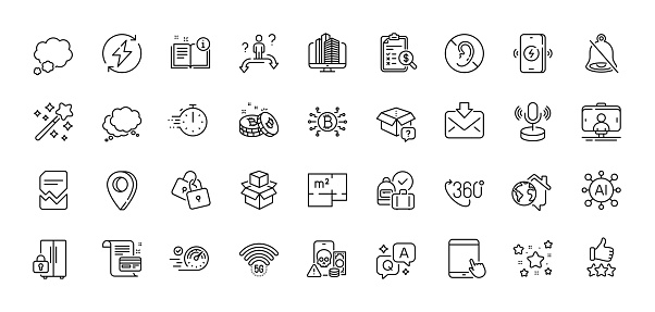 Locks, Selfie stick and Renewable power line icons pack. AI, Question and Answer, Map pin icons. Speech bubble, Talk bubble, Manual web icon. Speedometer, Payment card, Mute pictogram. Vector