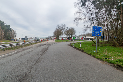 Bad Bentheim, Germany - March 26, 2024: Entrance to Republic of Germany. Border in schengen zone.