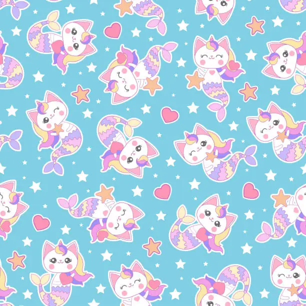 Vector illustration of Seamless pattern with kawaii mermaid cats. Vector