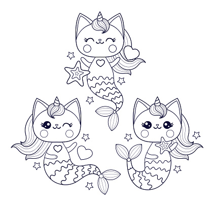 Set of kawaii mermaid cats. Black and white linear drawing. Fantastic animal. Magic theme. For children's design of coloring books, prints, posters, cards, stickers, puzzles, etc. Vector