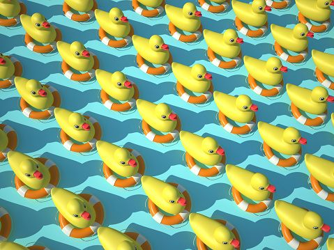3D Ducks Pattern with Life Belt - Colored Background - 3D Rendering