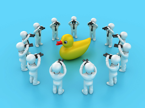 3D Duck and Cartoon Business People with Binoculars - Colored Background - 3D Rendering