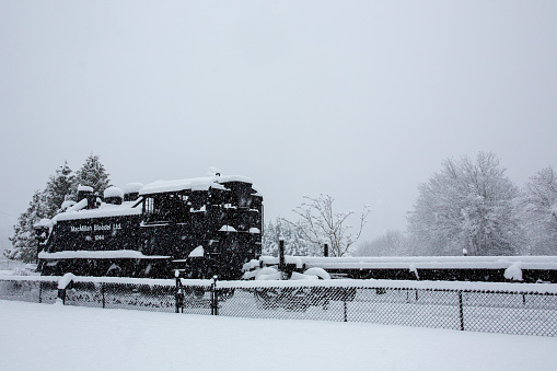 Chemainus, Canada - January 17, 2024. A historic MacMillan Bloedel train covered in falling snow in a little park in Chemainus, Vancouver Island, BC.