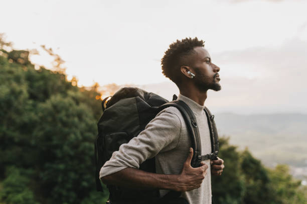 Backpacker looking at the view in the natural park