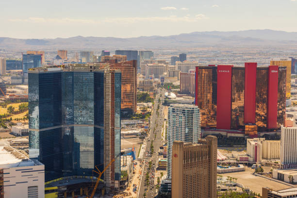 USA. Las Vegas.  04.02.2024. Beautiful view from The Strat hotel observation deck overlooking the bustling central street of the Las Vegas Strip with towering hotel-casinos.