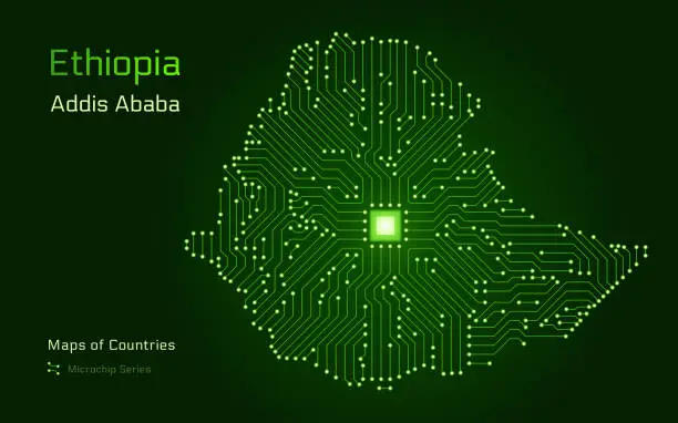 Vector illustration of Ethiopia Map with a capital of Addis Ababa Shown in a Microchip Pattern with processor.