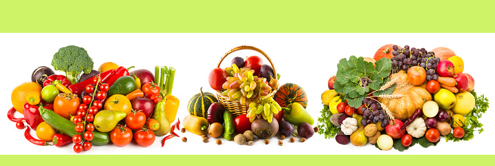 Healthy vegetables and fruit food isolated on white background. There is free space for text. Collage. Wide photo.