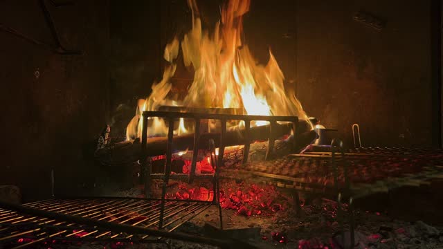 Delicious sausages and meat skewer cooking on fireplace grill with fire burning in background, Close-up