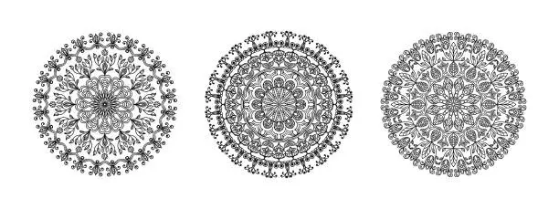 Vector illustration of A set of three round black and white mandalas. Floral motifs in ethnic ornamentation. Template for tattoo, henna drawing.