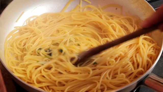 Cooking Spaghetti with clams, Italian food