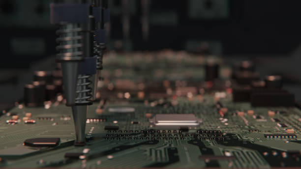 istock Macro Shot of Automatic Pick and Place machine quickly installs Components on Circuit Board. While board moving through Assembly Line. Electronics and Circuit board Manufacturing Factory. 2133612521