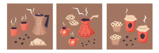 Vector illustration of Set of vector illustrations. Coffee makers with cups of coffee, muffins, croissants and cookies. The art of breakfast, food, drinks.