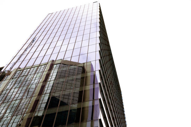 Low angle view of modern office building skyscraper, Sydney, white background with copy space, full frame horizontal composition