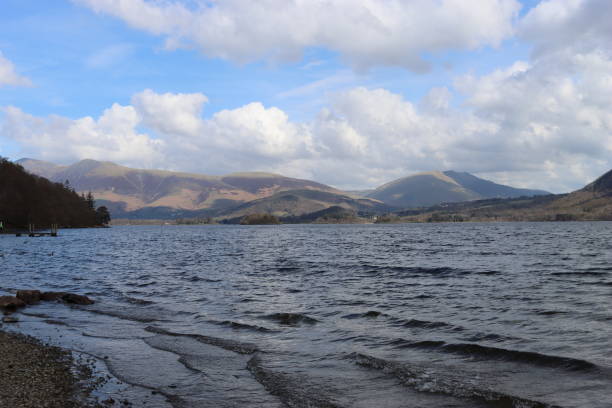 View across a lake in the Lake District towards a mountain range