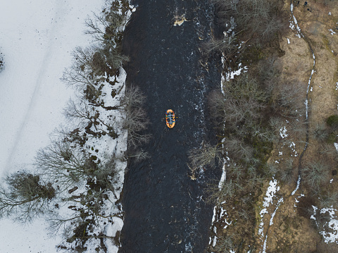 Extremely Rafting on the Jagala River in winter, drone air photography. High quality photo