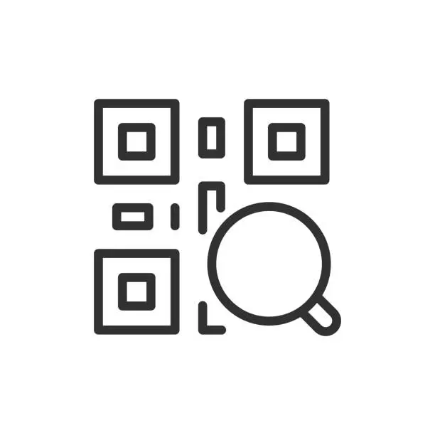 Vector illustration of Analyzing and decoding QR code, linear icon. QR code and magnifying glass. Line with editable stroke