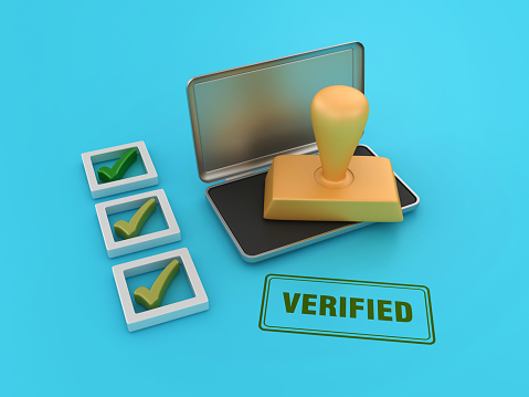 Verified Rubber Stamp with Check List - Colored Background - 3D Rendering