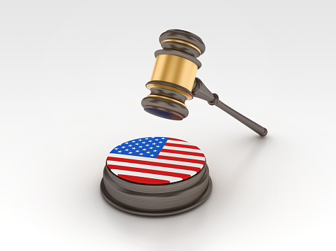 American Flag with Legal Gavel - Gray Background - 3D Rendering