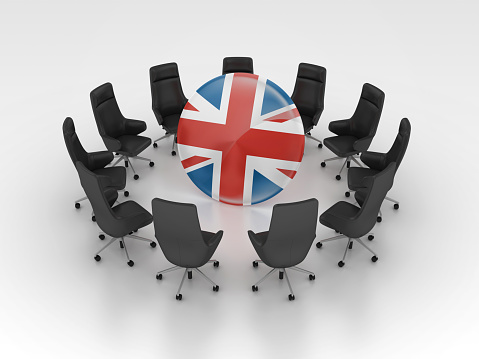 British Flag with Chairs - Gray Background - 3D Rendering