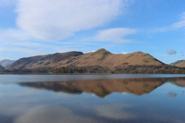 A breathtaking view of lush forests surrounding a peaceful lake, framed by rolling hills and distant mountains. The vibrant green landscape contrasts beautifully with the deep blue water and the bright, cloud-streaked sky.