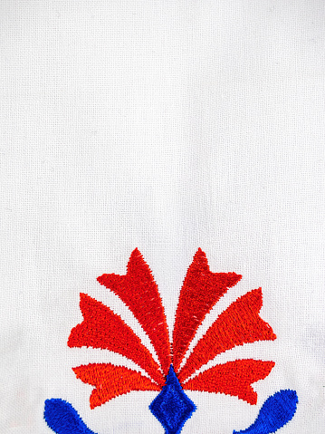 Traditional Slovenian tablecloth embroidery ornament in blue and red colors with carnation flower