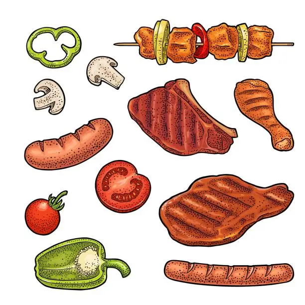 Vector illustration of Set meat and vegetables BBQ. Vintage color vector engraving