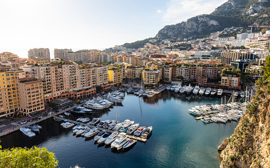 City view of marina and residential buildings in Monaco