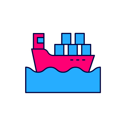 Filled outline Cargo ship with boxes delivery service icon isolated on white background. Delivery, transportation. Freighter with parcels, boxes, goods. Vector.