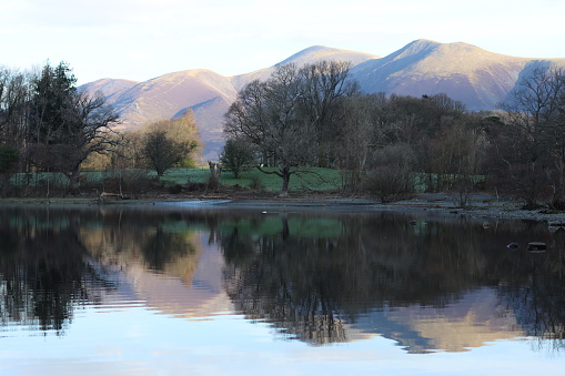 Lake District hills reflected in still lake water on a clear day