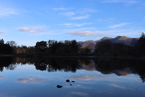 Lake District hills reflected in still lake water on a clear day