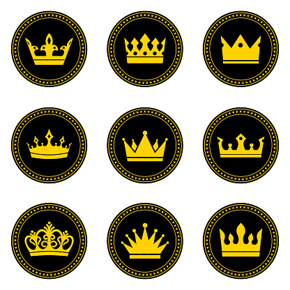 Illustration of a set of various crowns in a circle with stars on a white background.