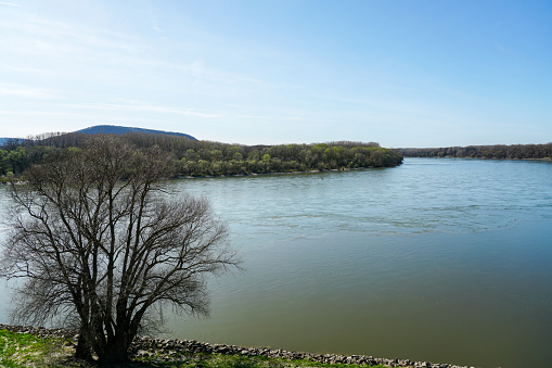 Danube river near Devin castle, scenic early springtime view with blue sky, Bratislava, Slovakia, Central Europe