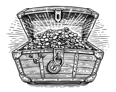Open treasure chest filled with golden coins and jewelry. Hand drawn engraving style illustration