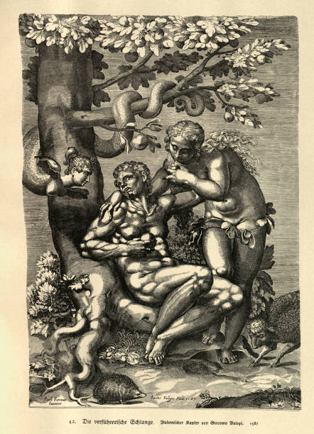 Seductive Snake, Adam and Eve in Garden of Eden, Temptation, Apple, Italian Renaissance art Vintage illustration, The Seductive Snake, Adam and Eve in Garden of Eden, Temptation, Apple, Italian Renaissance art drawing of the man seducing woman stock illustrations
