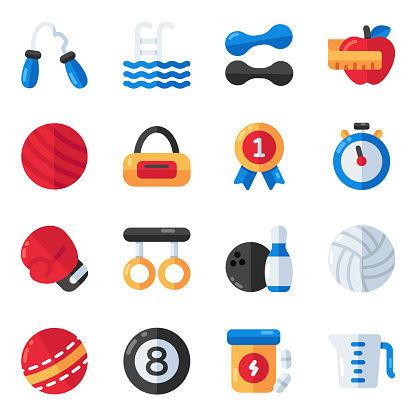 Flat icons set presenting sports vectors. This set offers editable icons, amazingly designed to be used in related projects.