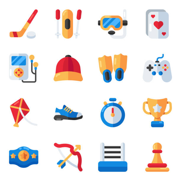 ilustraciones, imágenes clip art, dibujos animados e iconos de stock de conjunto de accesorios deportivos flat icons - hockey mask audio