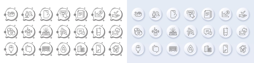 Transmitter, Messenger and Smartphone broken line icons. White pin 3d buttons, chat bubbles icons. Pack of Refrigerator, Comment, Smartphone recovery icon. Vector