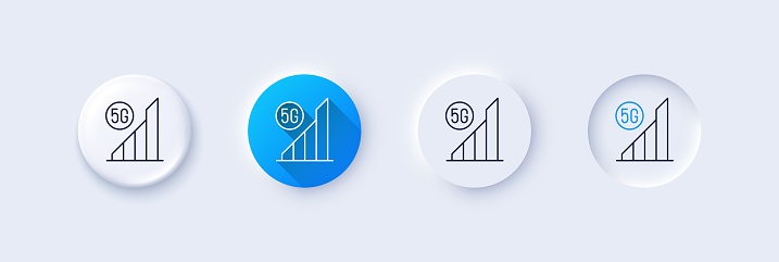 5g wifi signal quality line icon. Neumorphic, Blue gradient, 3d pin buttons. Wireless technology sign. Mobile internet symbol. Line icons. Neumorphic buttons with outline signs. Vector
