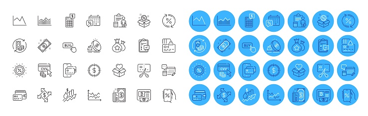 Accounting, Loan percent and Change money line icons pack. Diagram chart, Discounts calendar, Wallet web icon. Payment, Sale, Rise price pictogram. Discount, Discounts app, Checklist. Vector